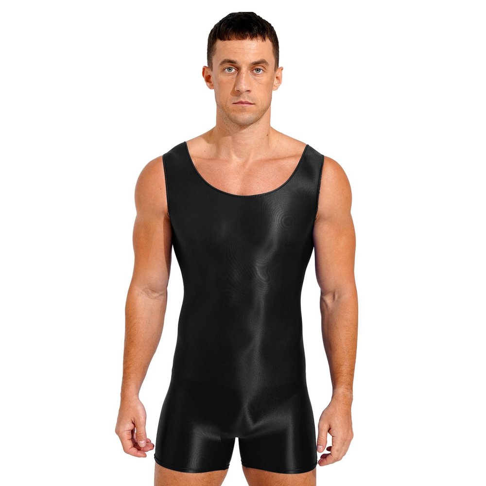 Linjinx Men's Oil Glossy Soft Elastic Shapewear Sleeveless Tights Leotard Underwear Singlet Jumpsuit Tank Unitard Black C Large