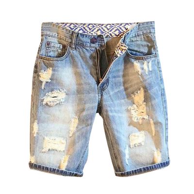 Men's Loose Knee Length Short Pants with Pockets Vintage Distressed Denim Shorts Ripped Slim Fit Jean Shorts (Blue,28)