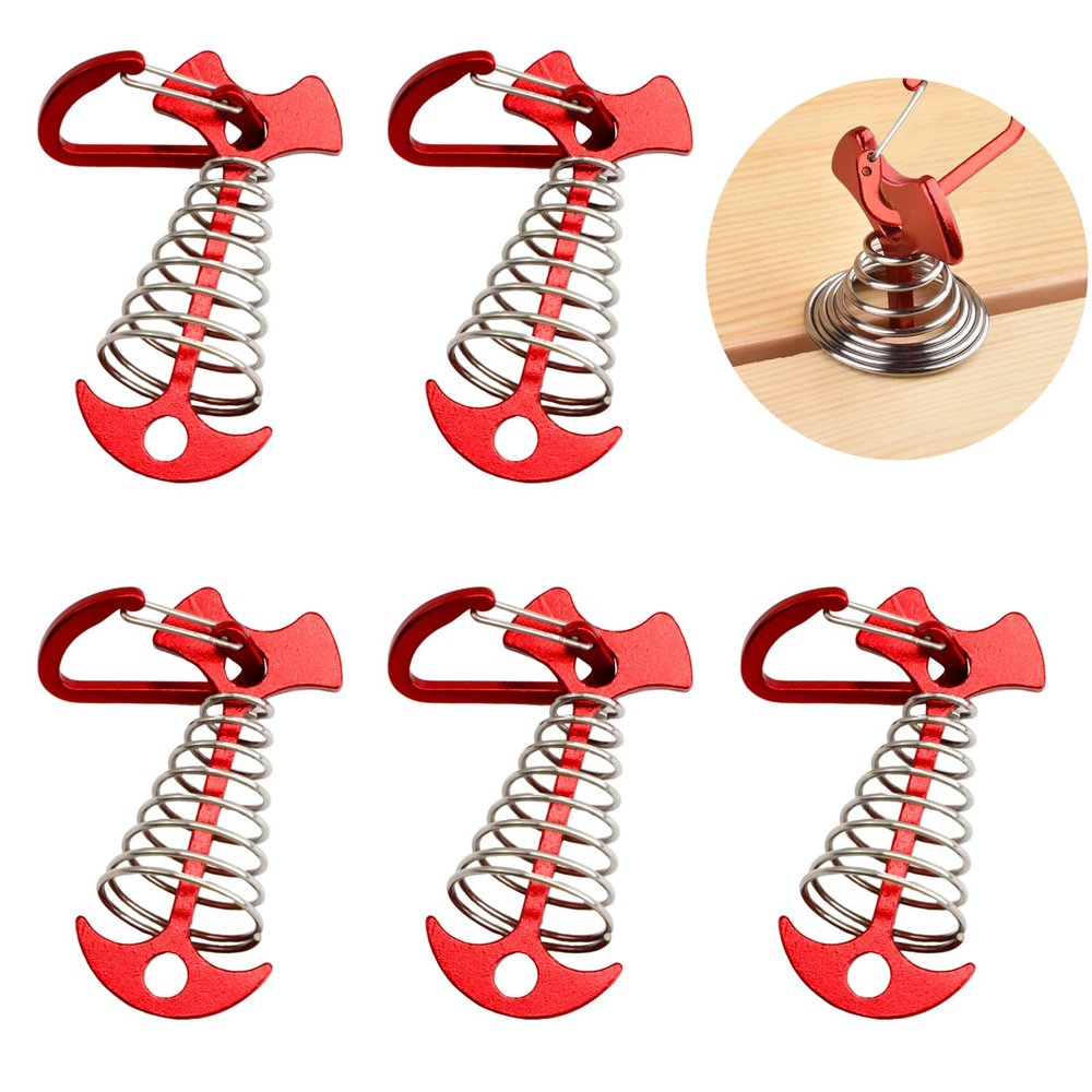 JINGIHE 5 PCS Fishbone Deck Anchor Pegs, Red Deck Furniture Anchors, Deck peg with Spring Buckle, 2.9 Inch x 1.4 Inch Adjustable Anchor Deck pegs, Tent Decks Anchors for Camping Hiking Supplies