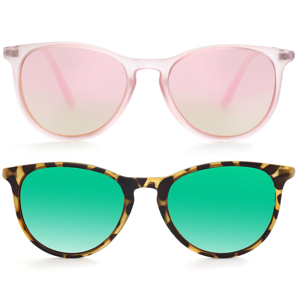 Kursan Polarized Kids Sunglasses for Girls Boys Mirrored Lens Vintage Sun Glasses Shades Age 3-9, 100% UV Protection (Two Pack (Clear Pink/Pink + Leopard/Green))