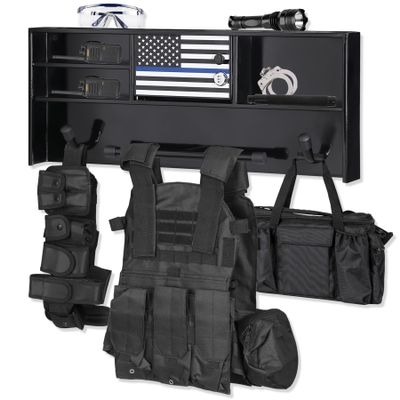 BUYYAH Wall Mounted Police Gear Rack, All Iron Frame with Gun Storage, Combination Lock, Tactical Duty Gear Rack for Home, Office, Police Gift Decor with Flag, Black