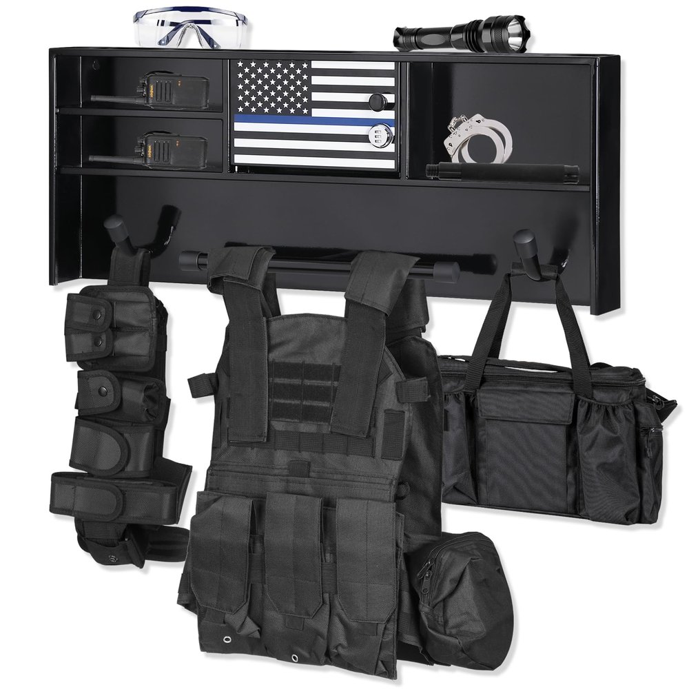 BUYYAH Wall Mounted Police Gear Rack, All Iron Frame with Gun Storage, Combination Lock, Tactical Duty Gear Rack for Home, Office, Police Gift Decor with Flag, Black