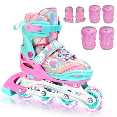Sportneer Inline Roller Skates, Roller Boots Adjustable Size 2-7.5 with Illuminating Wheels Roller Blades Protective Gear Set for Gilrs Women