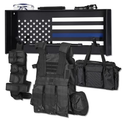 BUYYAH Wall Mounted Police Gear Rack, Tactical Duty Gear Rack with Police Flag, All Iron Frame, for Home, Office, Police Gift Decor, Black