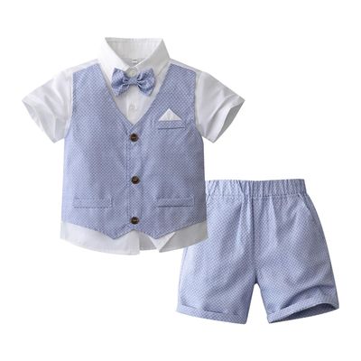 Lorilida Baby Boys Gentleman Formal Tuxedo Suit Short Sleeve Vest Shirt + Shorts + Bow Tie Sky Blue 6-7 Years