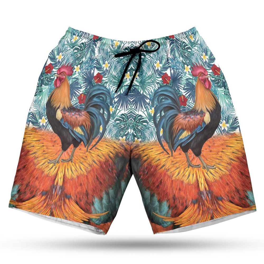 228CLOSET Rooster Men's Swim Trunks - Tropical Chicken Hawaiian Shorts for Men, Men's Summer Bathing Shorts Set 26 Size Size L