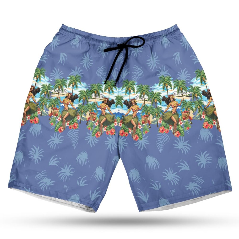 228CLOSET Hula Dancer Men's Swim Trunks - Beautiful Girls Hawaiian Shorts for Men, Men's Summer Bathing Shorts Set 27 Size Size 4XL