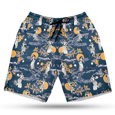 Hula Girl Men's Swim Trunks - Sunset Orange Hawaiian Shorts for Men, Men's Summer Bathing Shorts Set 27 Size Size 2XL