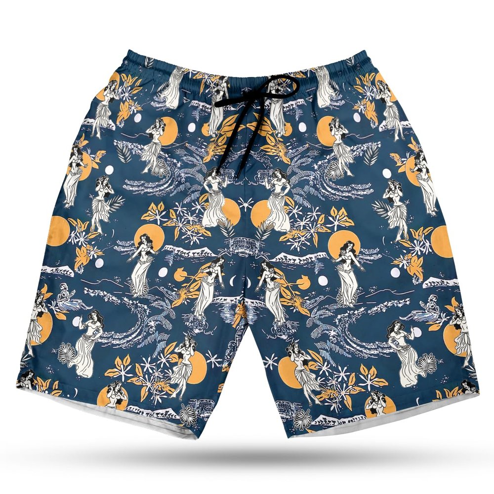 Hula Girl Men's Swim Trunks - Sunset Orange Hawaiian Shorts for Men, Men's Summer Bathing Shorts Set 27 Size Size 2XL