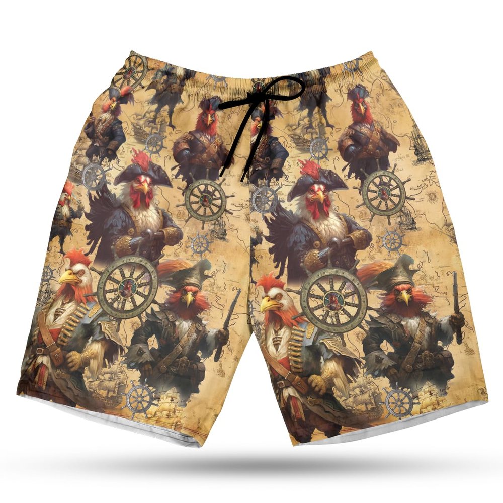 228CLOSET Pirate Chicken Men's Swim Trunks - Pirate Map Hawaiian Shorts for Men, Men's Summer Bathing Shorts Set 26 Size Size 2XL