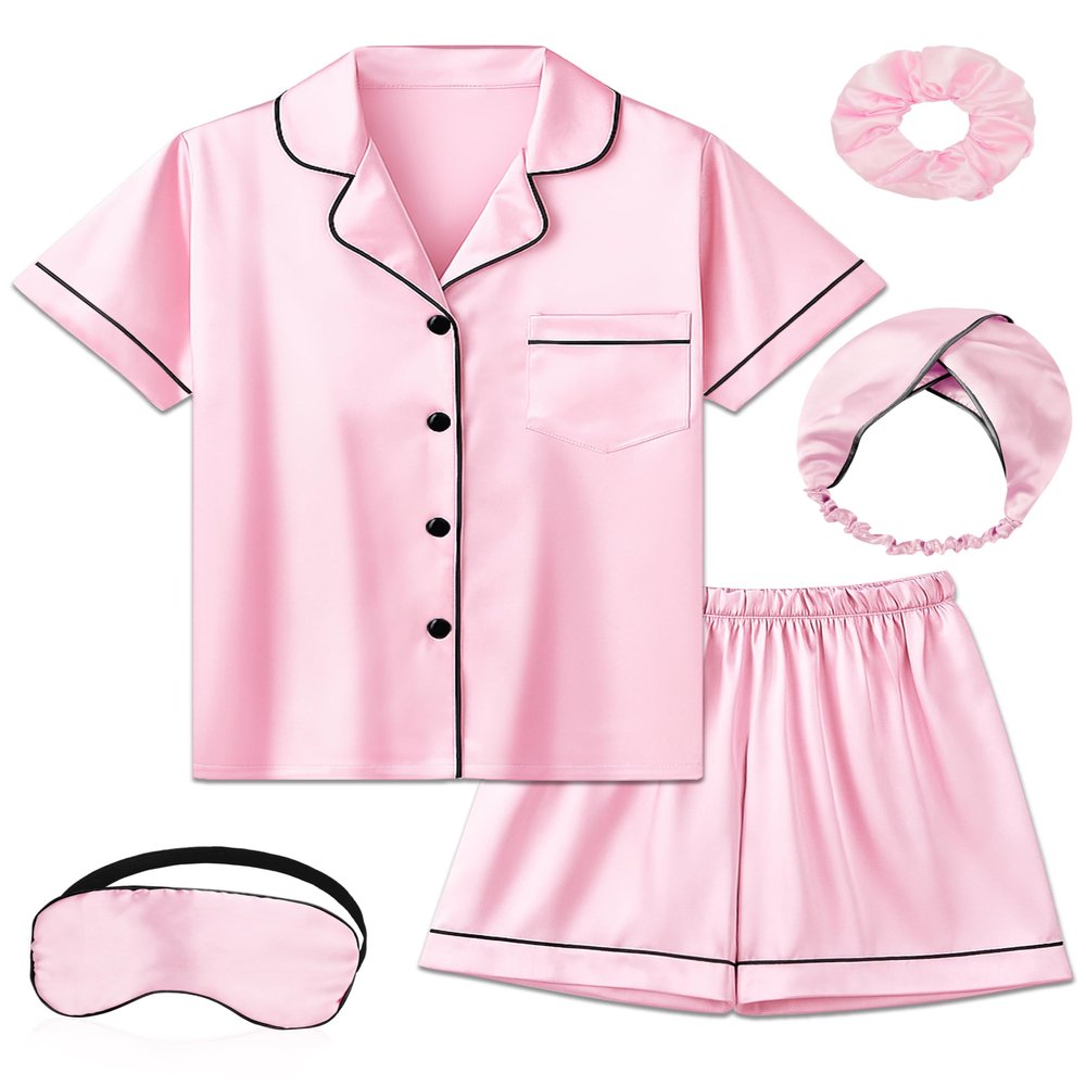 ALHAVONE Kids Girl Pajama Set with Headband Blindfold Hair Tie Toddler Boy Girl Satin Silky Button-up Pajama Sleepwear (Pink-short, 160)