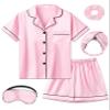 ALHAVONE Kids Girl Pajama Set with Headband Blindfold Hair Tie Toddler Boy Girl Satin Silky Button-up Pajama Sleepwear (Pink-short, 160) view 1