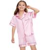 ALHAVONE Kids Girl Pajama Set with Headband Blindfold Hair Tie Toddler Boy Girl Satin Silky Button-up Pajama Sleepwear (Pink-short, 160) view 3