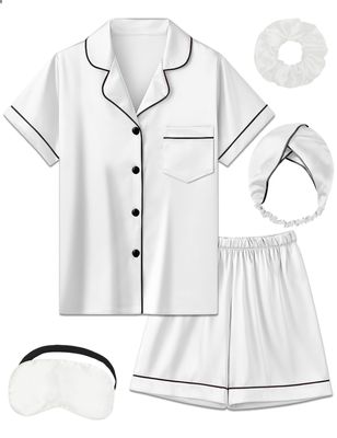 ALHAVONE Kids Girl Pajama Set with Headband Blindfold Hair Tie Toddler Boy Girl Satin Silky Button-up Pajama Sleepwear (White-short, 120)