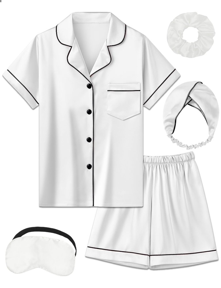 ALHAVONE Kids Girl Pajama Set with Headband Blindfold Hair Tie Toddler Boy Girl Satin Silky Button-up Pajama Sleepwear (White-short, 120)