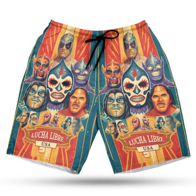 228CLOSET Lucha Libre USA Men's Swim Trunks - Wrestling Hawaiian Shorts for Men, Men's Summer Bathing Shorts Set 30 Size Size XL