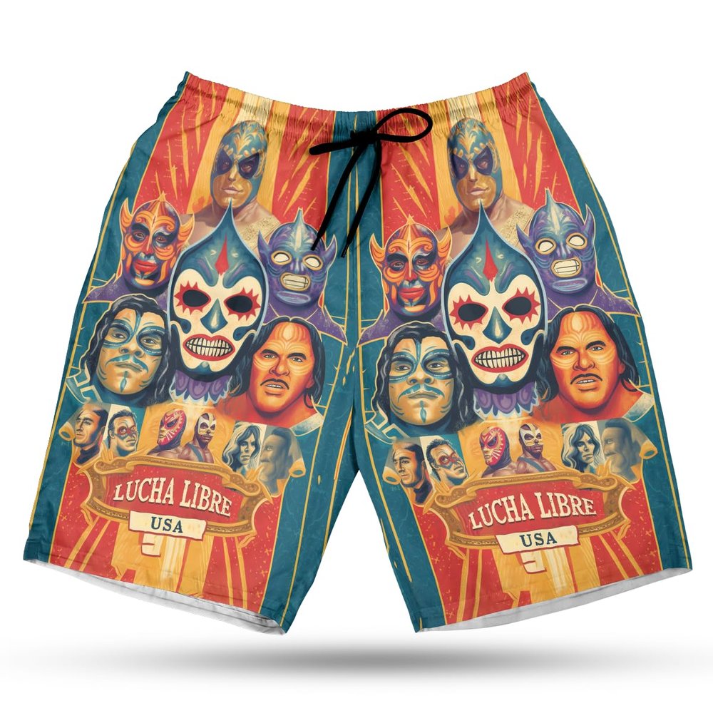 228CLOSET Lucha Libre USA Men's Swim Trunks - Wrestling Hawaiian Shorts for Men, Men's Summer Bathing Shorts Set 30 Size Size XL