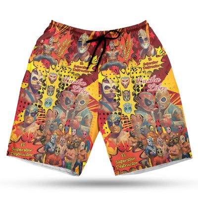 228CLOSET Lucha Libre Men's Swim Trunks - Sport Lovers Hawaiian Shorts for Men, Men's Summer Bathing Shorts Set 30 Size Size S