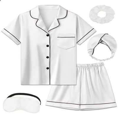 ALHAVONE Kids Girl Pajama Set with Headband Blindfold Hair Tie Toddler Boy Girl Satin Silky Button-up Pajama Sleepwear (White-short, 160)