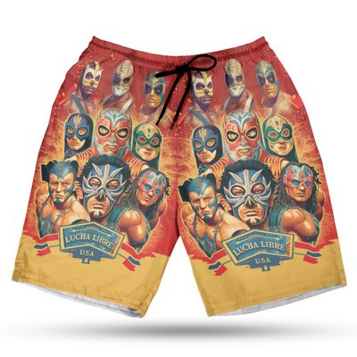 228CLOSET Lucha Wrestlers Men's Swim Trunks - Wrestling Hawaiian Shorts for Men, Men's Summer Bathing Shorts Set 30 Size Size 2XL