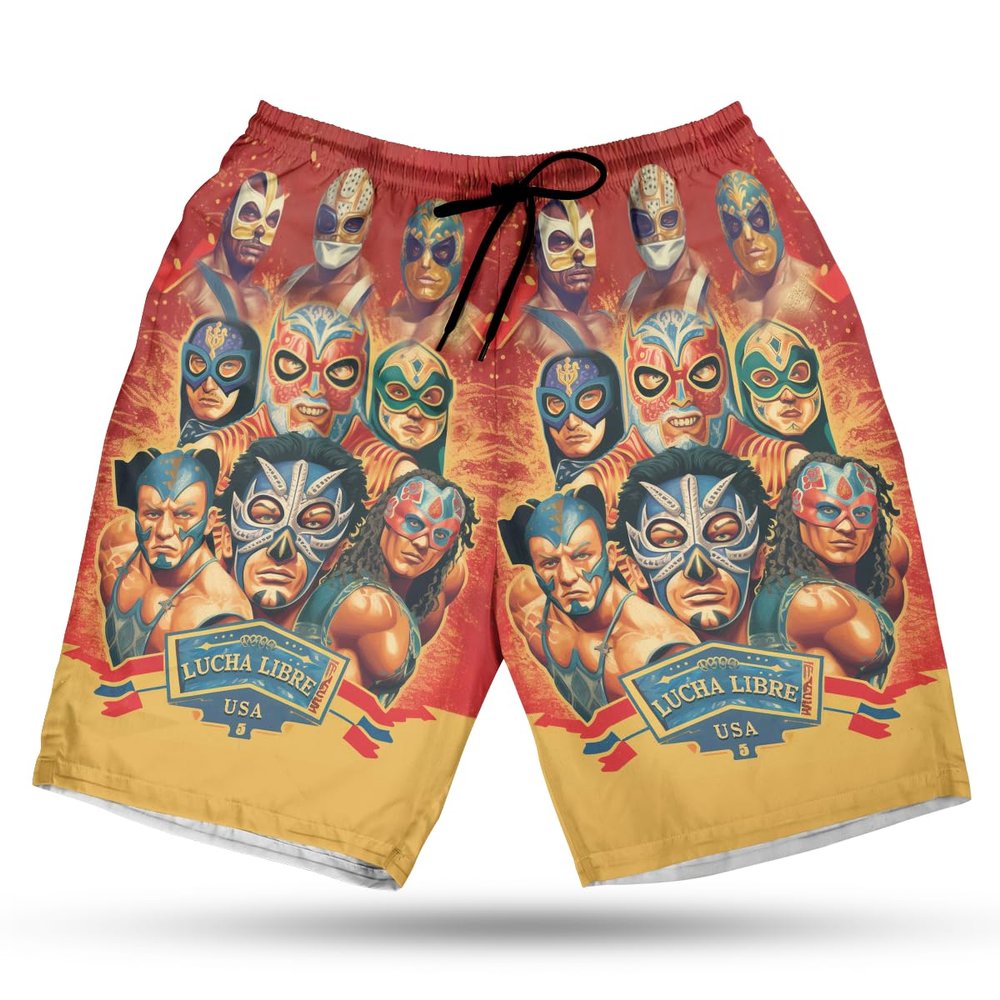 228CLOSET Lucha Wrestlers Men's Swim Trunks - Wrestling Hawaiian Shorts for Men, Men's Summer Bathing Shorts Set 30 Size Size 2XL