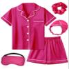 ALHAVONE Kids Girl Pajama Set with Headband Blindfold Hair Tie Toddler Boy Girl Satin Silky Button-up Pajama Sleepwear (Hot Pink-short, 130) view 1