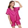 ALHAVONE Kids Girl Pajama Set with Headband Blindfold Hair Tie Toddler Boy Girl Satin Silky Button-up Pajama Sleepwear (Hot Pink-short, 130) view 2