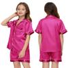 ALHAVONE Kids Girl Pajama Set with Headband Blindfold Hair Tie Toddler Boy Girl Satin Silky Button-up Pajama Sleepwear (Hot Pink-short, 130) view 3