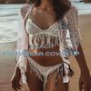 EASEDAILY Women Swimwear Cover Up Fashion Beach Shawl Capelet Triangle Sunscreen Net Triangle Fishnet Feathers Skirt view 3