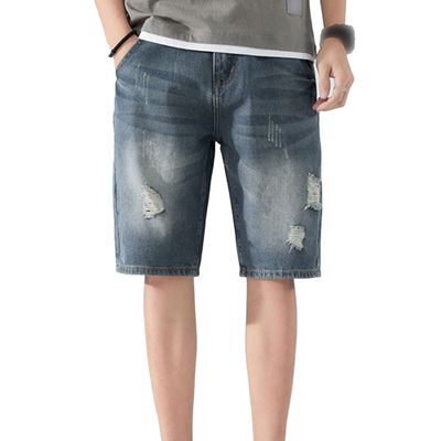 Maiyifu-GJ Men's Baggy Straight Jean Shorts Ripped Distressed Cotton Denim Shorts Knee Length Casual Short Pants with Pockets (Blue3,36)