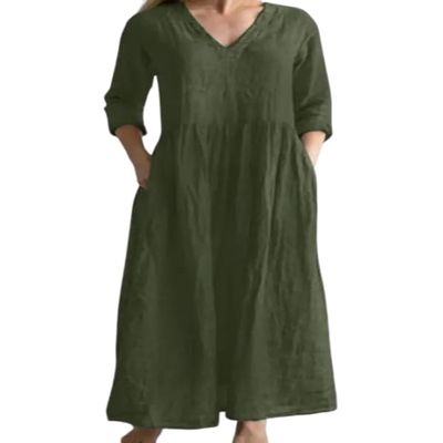 Akivide Women Casual Cotton Linen Loose V Neck Midi Dress Summer Half Sleeve Flowy Beach Tunic Tshirt Dress with Pocket