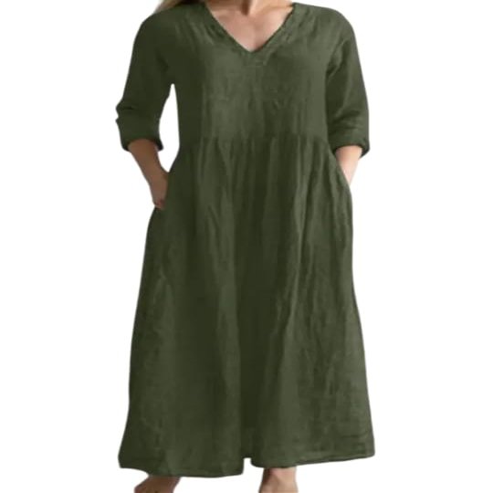 Akivide Women Casual Cotton Linen Loose V Neck Midi Dress Summer Half Sleeve Flowy Beach Tunic Tshirt Dress with Pocket