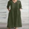 Akivide Women Casual Cotton Linen Loose V Neck Midi Dress Summer Half Sleeve Flowy Beach Tunic Tshirt Dress with Pocket view 2