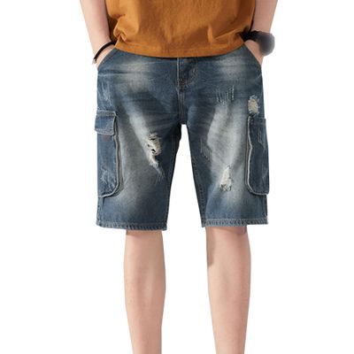 Maiyifu-GJ Men's Baggy Straight Jean Shorts Ripped Distressed Cotton Denim Shorts Knee Length Casual Short Pants with Pockets (Blue5,30)