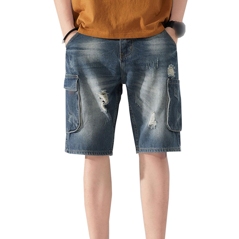 Maiyifu-GJ Men's Baggy Straight Jean Shorts Ripped Distressed Cotton Denim Shorts Knee Length Casual Short Pants with Pockets (Blue5,30)