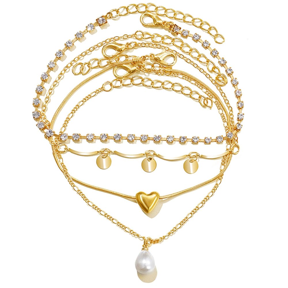 17IF 4 PCS Gold Ankle Bracelets For Women, Pearl Diamond Heart Layering Snake Ankle Bracelets Minimalist Summer Beach Foot Chain Cuban Ankle Jewelry Gift