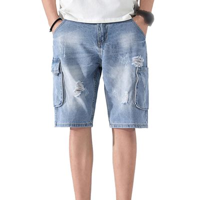 Maiyifu-GJ Men's Baggy Straight Jean Shorts Ripped Distressed Cotton Denim Shorts Knee Length Casual Short Pants with Pockets (Blue1,34)