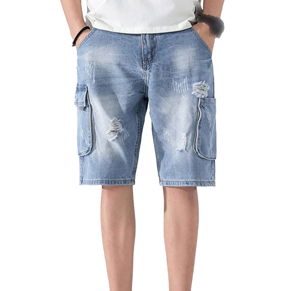 Maiyifu-GJ Men's Baggy Straight Jean Shorts Ripped Distressed Cotton Denim Shorts Knee Length Casual Short Pants with Pockets (Blue1,34)