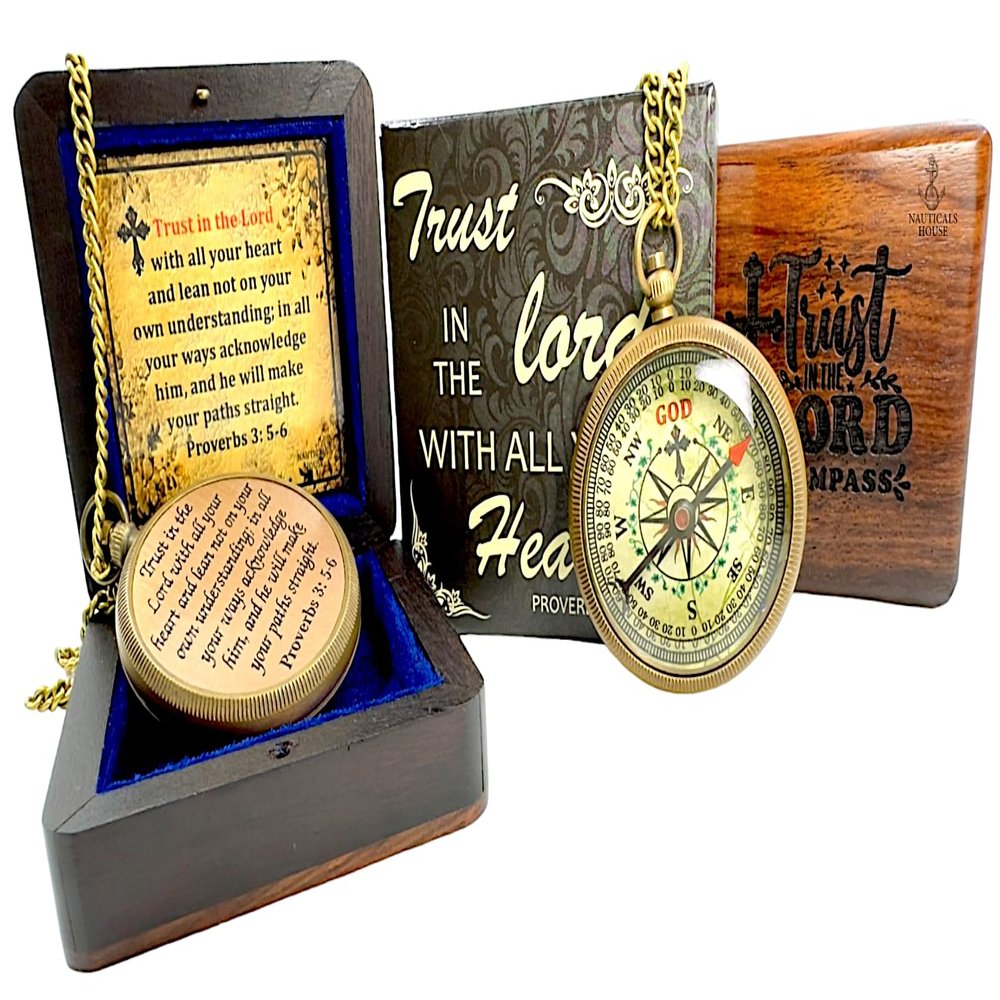 Bible Verse Brass Compass  Trust in The Lord with All Your Heart (Proverbs 3:5-6) | Religious Gifts for Men, Women, Boys, Girls, Teens | Daily Encouragement, Easter, Baptism, Faith-Based Keepsake
