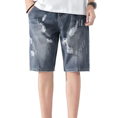 Maiyifu-GJ Men's Baggy Straight Jean Shorts Ripped Distressed Cotton Denim Shorts Knee Length Casual Short Pants with Pockets (Blue2,29)