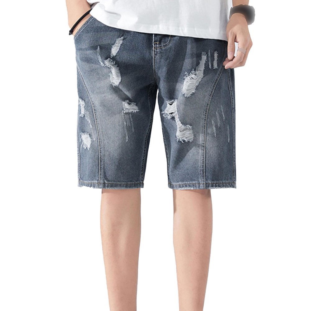 Maiyifu-GJ Men's Baggy Straight Jean Shorts Ripped Distressed Cotton Denim Shorts Knee Length Casual Short Pants with Pockets (Blue2,29)