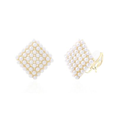 YOQUCOL Diamond-shaped Simulated Pearl Golden Big Clip On Stud Earrings Non Pierced Ear Earrings for Women