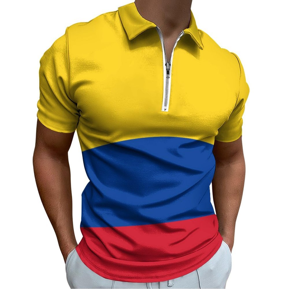 Colombian Flag Polo Shirts for Men Zip Up Short Sleeve Golf Shirt Casual Collared T Shirt S