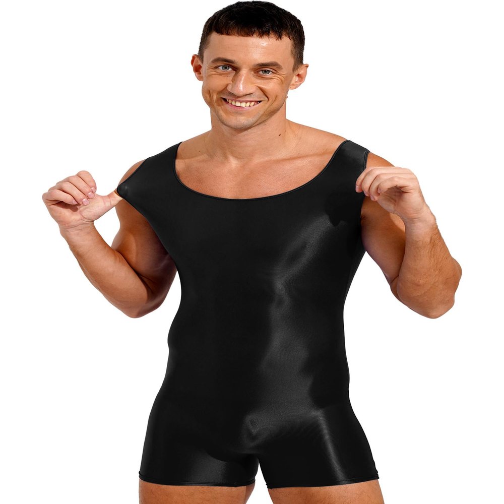 dPois Men's Shiny Glossy Tank Tops Slim Fit Wrestling Singlets Bodysuit Seamless Leotard Jumpsuits Black Large