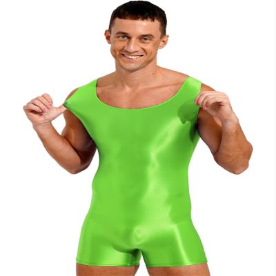 dPois Men's Shiny Glossy Tank Tops Slim Fit Wrestling Singlets Bodysuit Seamless Leotard Jumpsuits Fluorescent Green Large