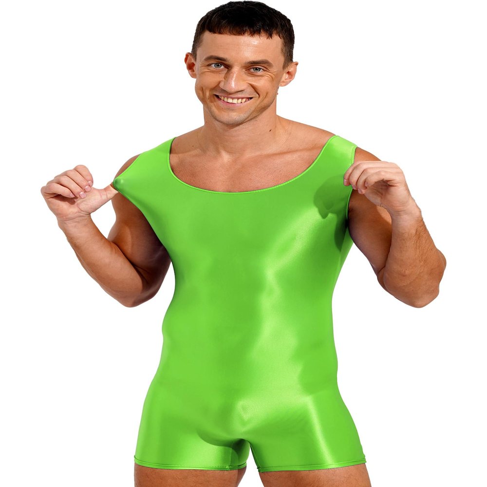 dPois Men's Shiny Glossy Tank Tops Slim Fit Wrestling Singlets Bodysuit Seamless Leotard Jumpsuits Fluorescent Green Large