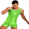 dPois Men's Shiny Glossy Tank Tops Slim Fit Wrestling Singlets Bodysuit Seamless Leotard Jumpsuits Fluorescent Green Large view 2