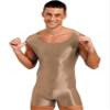 dPois Men's Shiny Glossy Tank Tops Slim Fit Wrestling Singlets Bodysuit Seamless Leotard Jumpsuits Coffee X-Large view 1