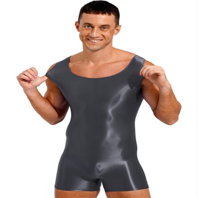 dPois Men's Shiny Glossy Tank Tops Slim Fit Wrestling Singlets Bodysuit Seamless Leotard Jumpsuits Grey X-Large