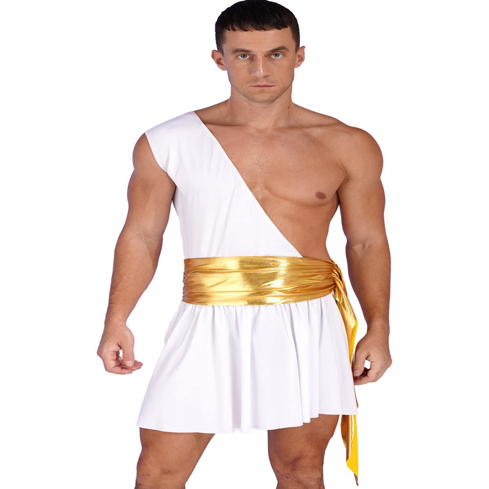 YiZYiF Men Gladiator Uniform Role Play Sexy Plaid One Shoulder Knight Warrior Skirt Suspender Outfit White Small